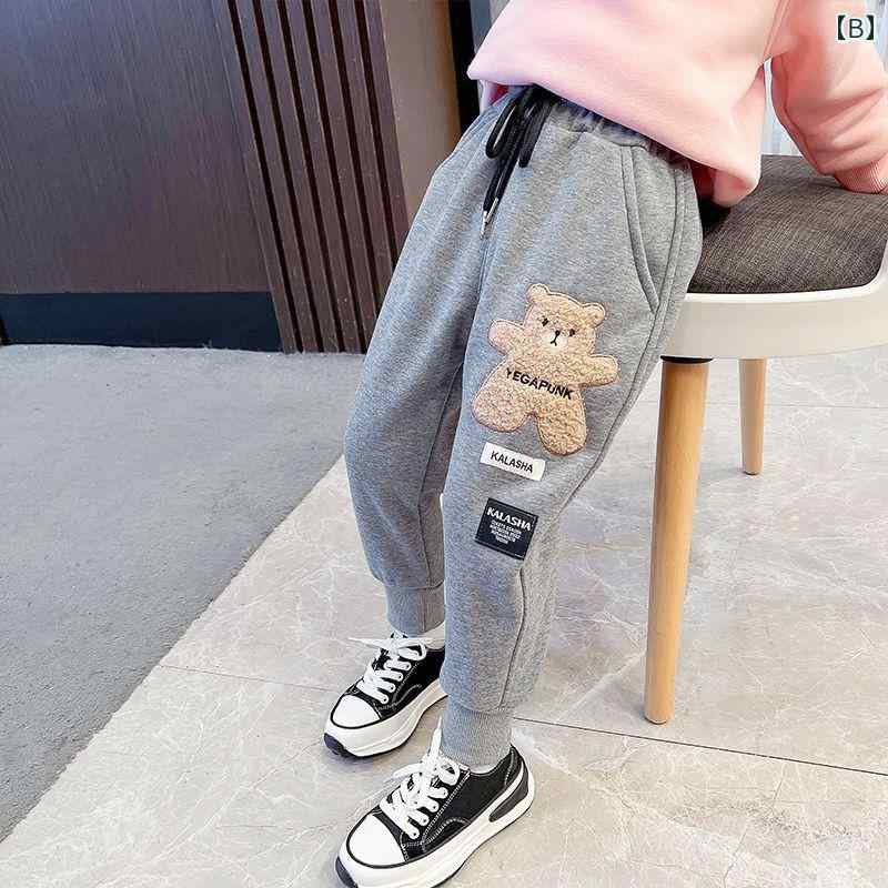 パンツ 女の子 秋冬 ワイド バックリブ くま ワッペン ゆったり 防寒 裏起毛 おし...