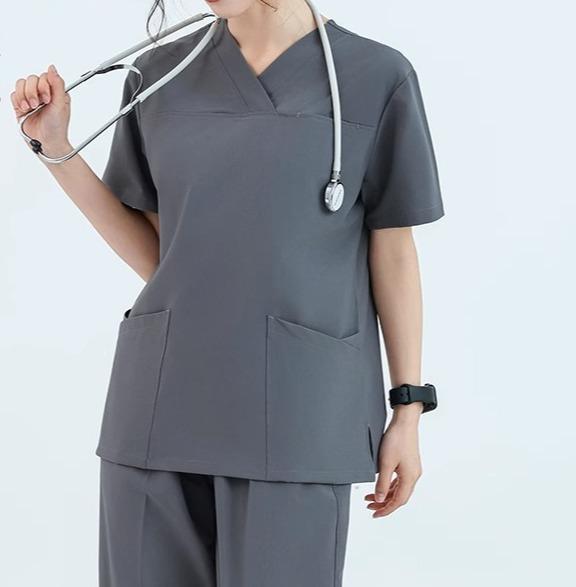 歯科 ユニフォーム レディース コスプレ メンズ 軽量 速乾性 医師 夏 作業服 ポリエステル ポリウレタン 大きいサイズ 半袖 大容量 ポケット ひんやり 涼しい シンプル 青 グレー セットアップ パンツ トップス 通気性