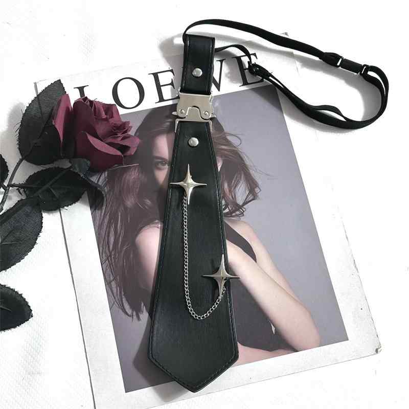 レザーネクタイ おしゃれ メンズ レディース ワンタッチ ゴムバンド ナロー スリムタイ クロス スター チェーン メタル 装飾 アクセサリー 小物 パーティー イベント コスプレ JK パンク ゴスロリ モード カジュアル スタイリッシュ 黒