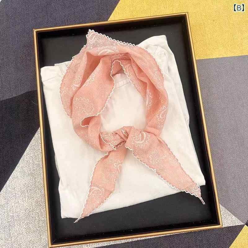 スカーフ レディース 大人 上品 レトロ エスニック 小さめ 綿 麻 夏 薄手 韓国 普段使い お出かけ 装飾 風よけ ネックカバー ペイズリー柄 黄 白 ピンク 3