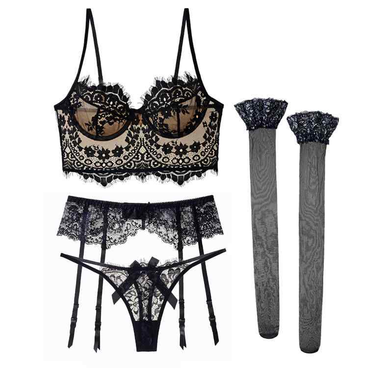 ブラジャー レディース 下着 おしゃれ セクシー 薄手 ワイヤー 4点セット ガーター ストッキング 調整 レース