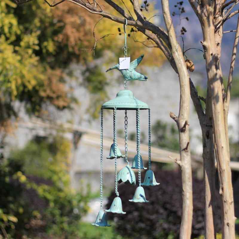 ガーデンオーナメント 吊り下げ 風鈴 ベル ヴィンテージ風 庭 バルコニー テラス 家庭用 装飾 飾り 鋳 鉄 小鳥 花 チェーン おしゃれ
