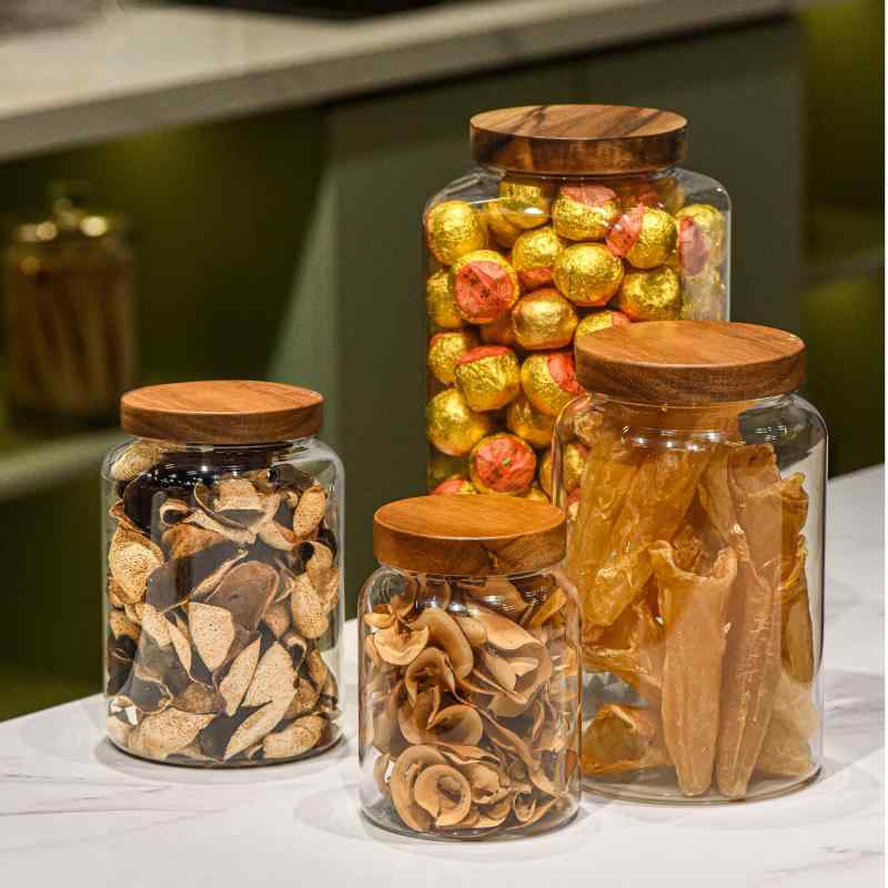 保存容器 密閉 プラスチック PET 木製 ふた 円筒形 スクエア 広口 割れにくい 防塵 防虫 食品 茶葉 店舗 シンプル モダン 無地 透明