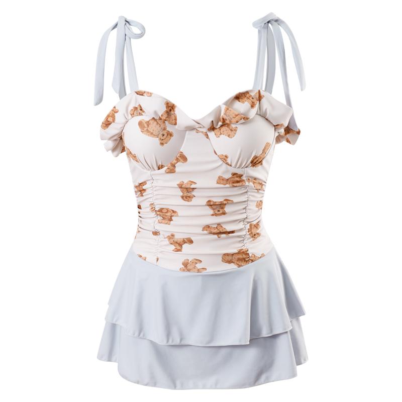 水着 レディース かわいい 小熊柄 フリル 体型カバー 可愛い スカート セクシー 清楚風 韓国