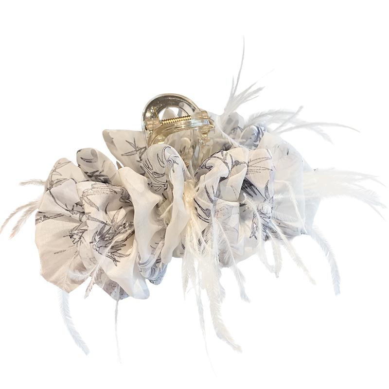 ヘアクリップ 可愛い 水墨調 染め柄 バブルシフォン 羽根 ボリューム 後頭部 ヘアアレンジ 髪多め レディース 髪留め 韓国