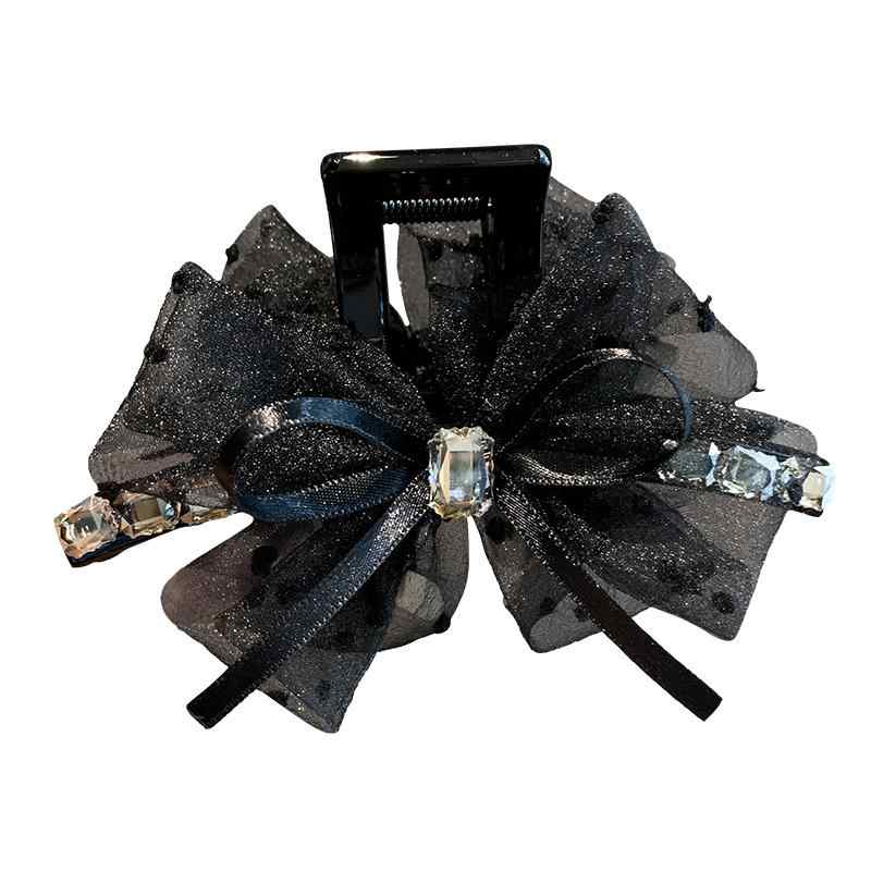 ヘアクリップ 可愛い レディース ブラック 波ドット柄 リボン バレッタ ストーン飾り リボン 髪留め 後ろ髪 まとめ髪 ヘアアクセサリー