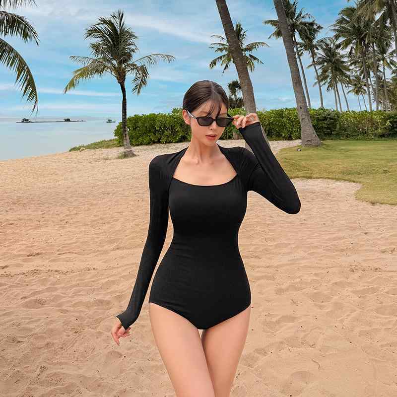 水着 レディース おしゃれ ブラック 長袖 日焼け防止 ワンピース スクエアネック 三角 シンプル 撮影 映え 体型カバー スリムフィット 温泉 ビーチ リゾート