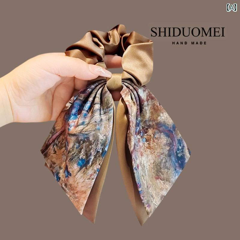 シュシュ 大人 おしゃれ 油絵風 リボンプリント ポニーテール ヘアゴム リボン