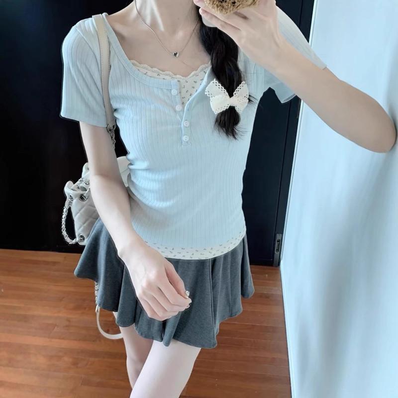 Camisoles - レディース トップス 半袖 夏 重ね着風 Tシャツ 花柄 スリムフィット ラウンドネック 体型カバー おしゃれ 大きいサイズ カジュアル アプリコット 青