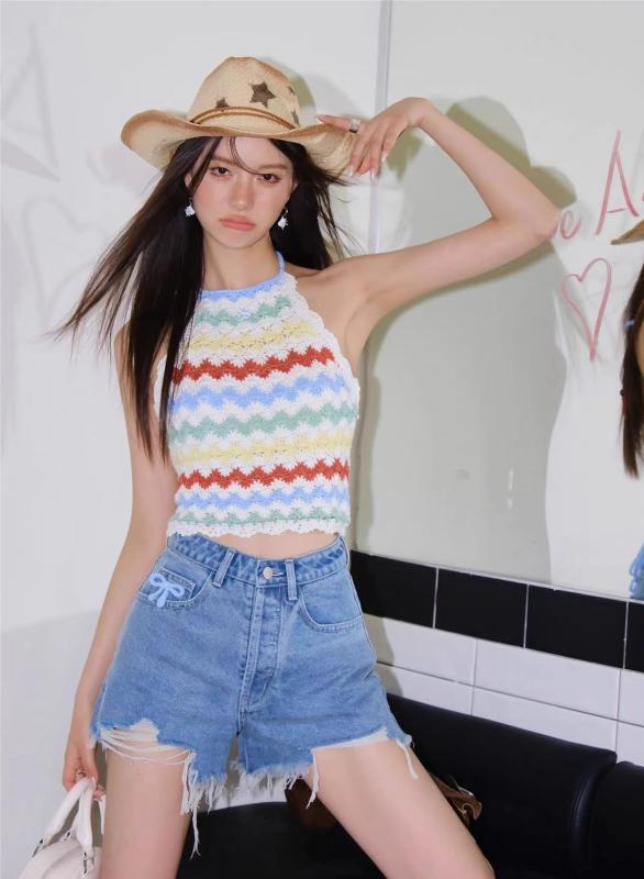 ノースリーブ トップス レディース 夏 ホルターネック ボヘミアン ショート丈 レインボー ストライプ 背中開き セクシー スリムフィット カジュアル おしゃれ