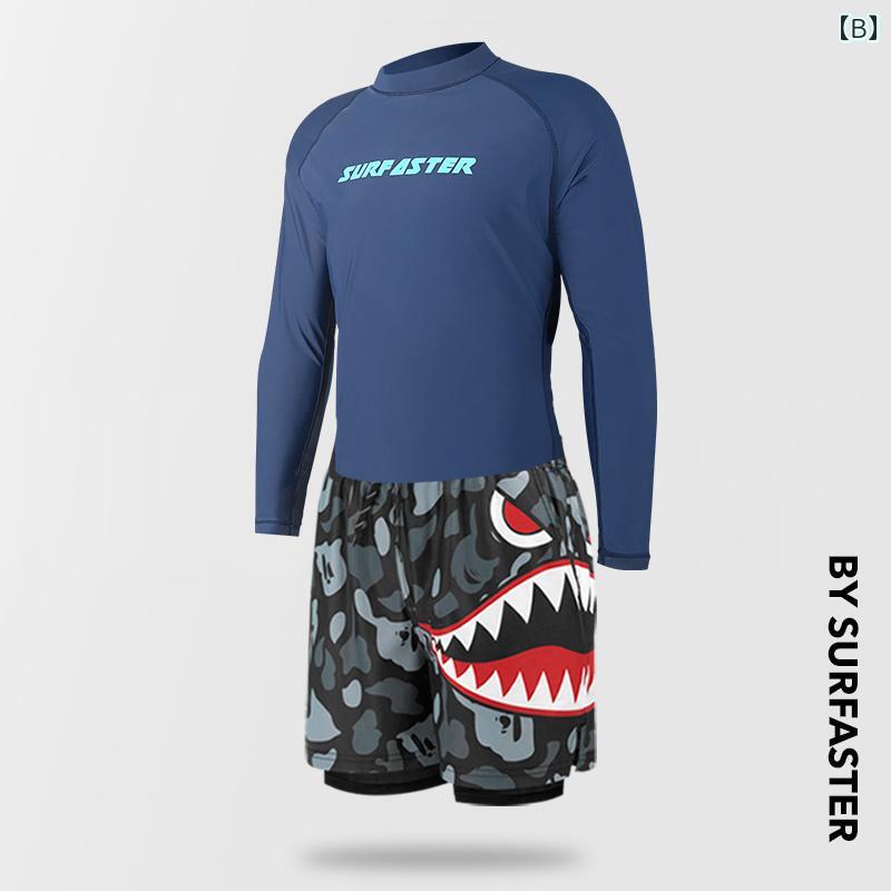 水着 メンズ おしゃれ ダブルレイヤー ボクサーパンツ 大きいサイズ 速乾 通気性 ストレッチ ビーチ プール 温泉 迷彩柄 長袖 プルオーバー トップス ネイビー