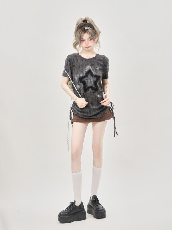 Tシャツ レディース 夏 ショート丈 タイト フィット ミリタリー 個性 半袖 韓国 かわいい ストリート 甘辛 コーデ(4.0)
