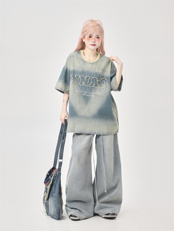Other - Tシャツ レディース ヴィンテージ風 タイダイ加工 ウォッシュ加工 ラウンドネック デニム風 英字刺繍 ビッグシルエット ゆったり 半袖