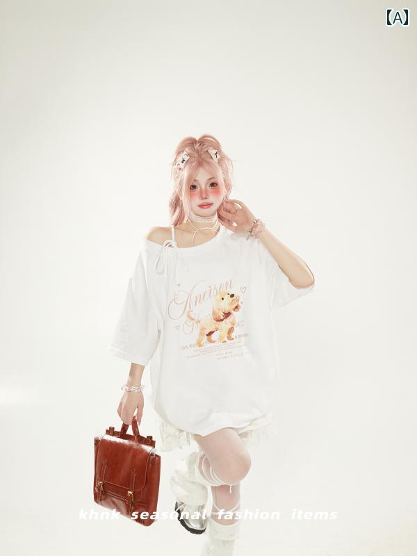 Tシャツ レディース 白 斜めオフショルダー 半袖 ゆったり 着痩せ 犬柄 プリント ...