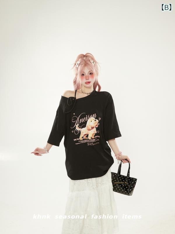 Tシャツ レディース 白 斜めオフショルダー 半袖 ゆったり 着痩せ 犬柄 プリント ...