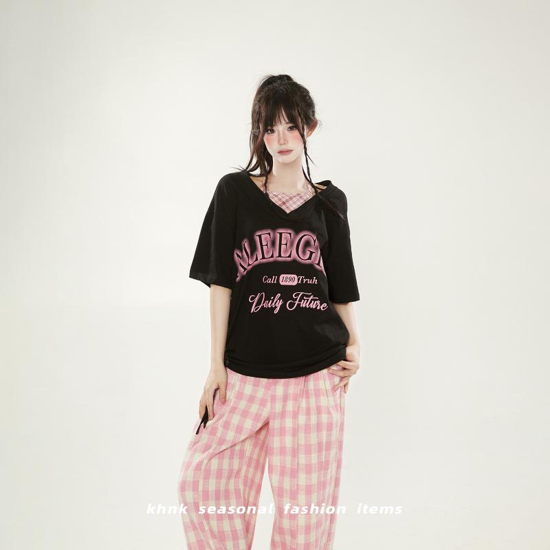 Rakuten - Tシャツ レディース 夏 半袖 y2k 重ね着風 ホルターネック 微透け 個性的 おしゃれ 英字プリント