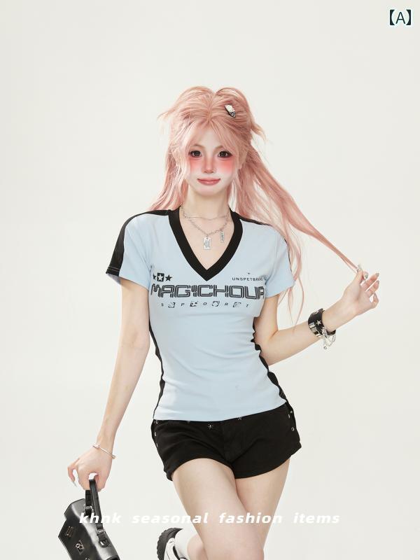 レディース tシャツ vネック ショルダーライン 半袖 ブルー 夏 タイト シンプル