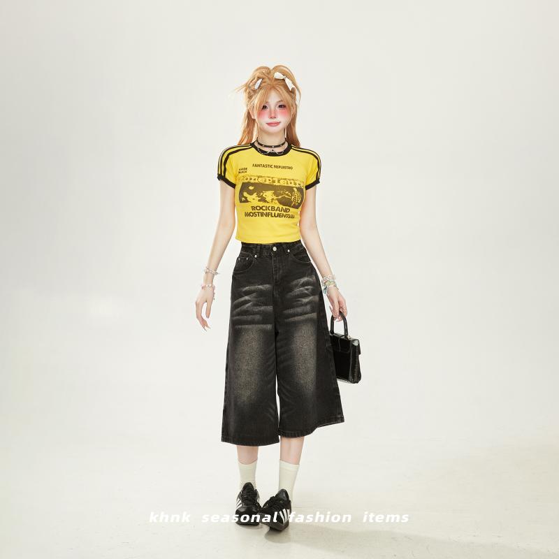乐天商城 - tシャツ レディース 夏 イエロー 半袖 三本ライン ラグランスリーブ ショート プリント ハイストリート カジュアル
