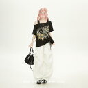 Tシャツ レディース 夏 蝶々 ワッペン ショルダー 肩出し 半袖 斜め 肌見せ 破れ ドローストリング アバンギャルド アシンメトリー ヤンチャ 韓国