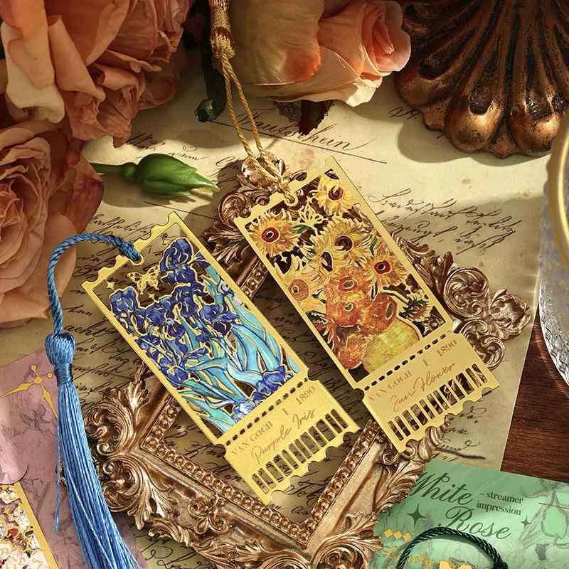 しおり 金属 レトロ 中国 油絵風 花柄 透かし彫り タッセル ブックマーク 文房具 おしゃれ 雑貨 上品 教師 卒業祝い 誕生日 プチギフト 4個セット