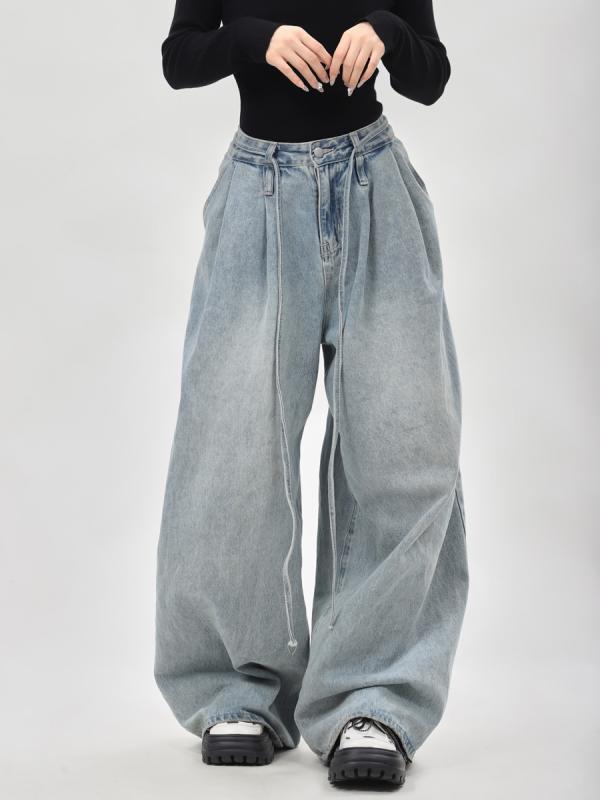 ワイドパンツ レディース 可愛い 浅ブルー ハイウエスト ゆったり ストレート デニム 美脚 カジュアル アメリカンストリート