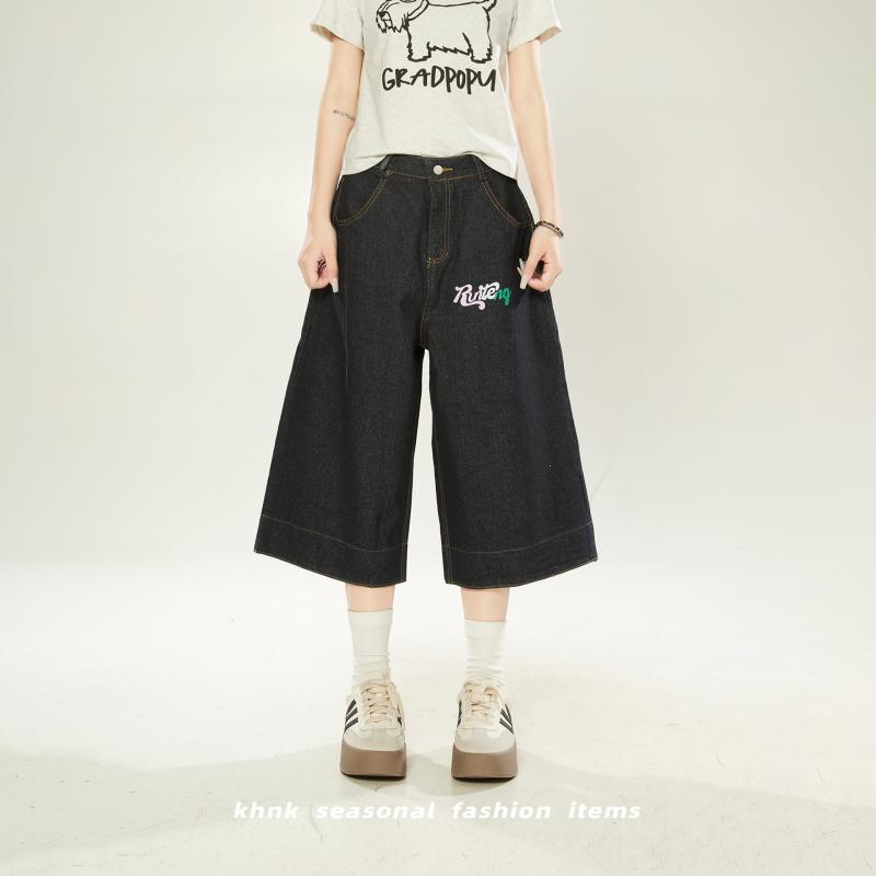 ワイドパンツ レディース 可愛い おしゃれ 夏 デニム 七分丈 ゆったり チェック切り替え カジュアル