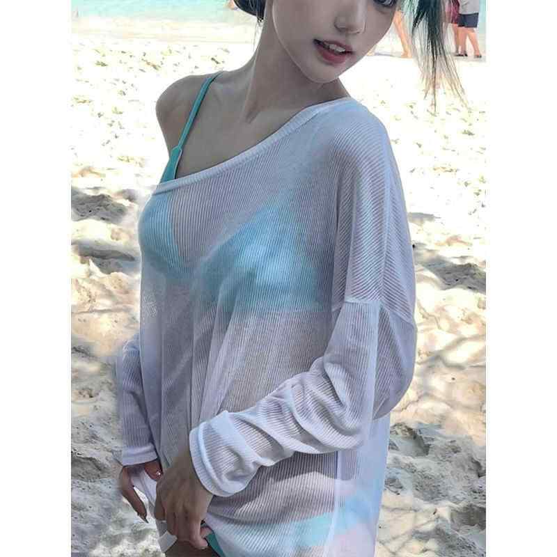 Nylon, Rayon, Polyester - ビーチカバーアップ 大人 レディース 大きいサイズ ゆったり 浜辺 リゾート 旅行 長袖 日焼け防止 プルオーバー 普段使い カジュアル シンプル おしゃれ 白