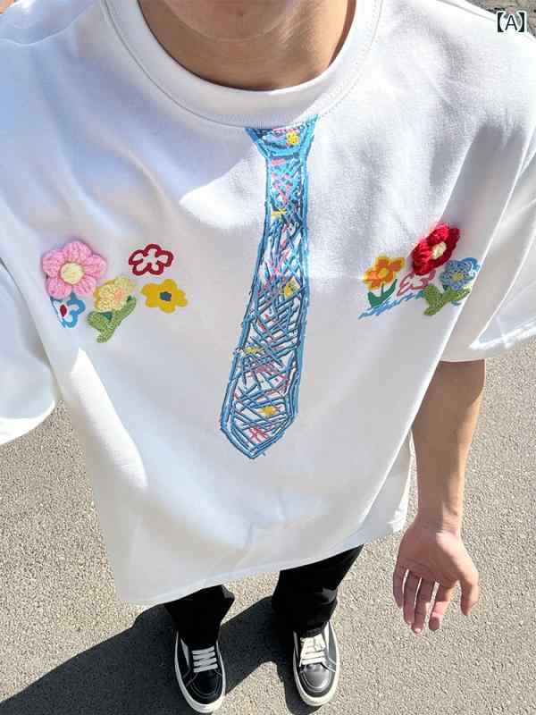 楽天フロントップ楽天市場店Tシャツ メンズ プリント 半袖 夏 おしゃれ 立体 花柄 綿 フェイクネクタイ