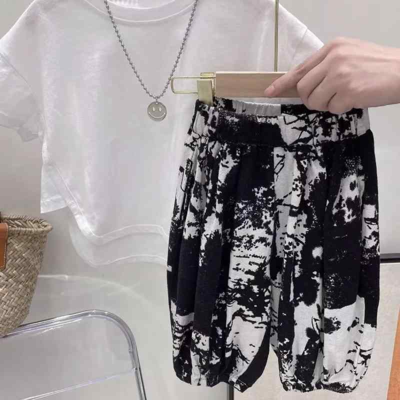 セットアップ キッズ おしゃれ 上下 子供服 夏 韓国 白 半袖 Tシャツ 水墨柄 灯籠パンツ 6分丈 涼しい