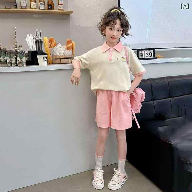 セットアップ キッズ おしゃれ 上下 子供服 女の子 半袖 ポロシャツ ショートパンツ ピンク 学院風 スポーツ 夏 かわいい カジュアル