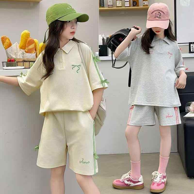 セット内容: 2点セット 素材: ポリエステル シーン: デイリー フード: なし 組み合わせ: 半袖＋ショートパンツ 生地の厚さ: 薄手 開閉仕様: プルオーバー 性別: 女の子 カラー: ピンクセット.グリーンセット