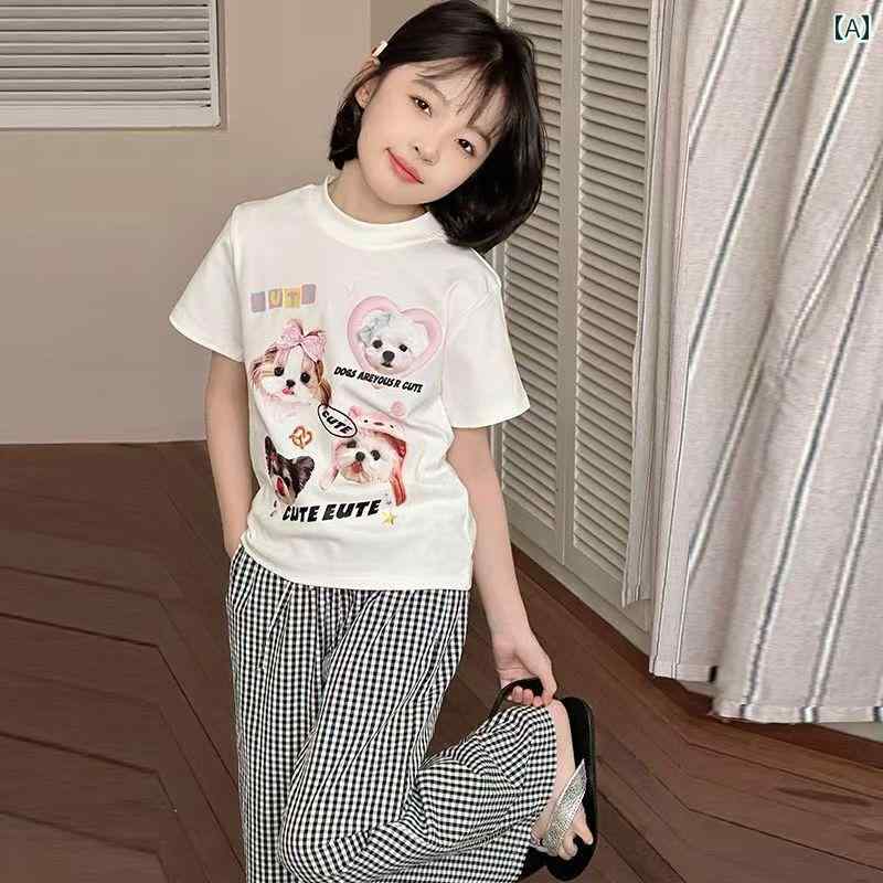 セットアップ キッズ おしゃれ 上下 子供服 女の子 夏 半袖 プリント トップス ストレートパンツ カジュアル チェック柄 大人可愛い 涼しい コーデ 組 合わせやすい