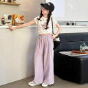 セットアップ キッズ おしゃれ 上下 子供服 女の子 半袖 Tシャツ プリント 夏 薄手 ワイドパンツ ゆったり カジュアル 体型カバー