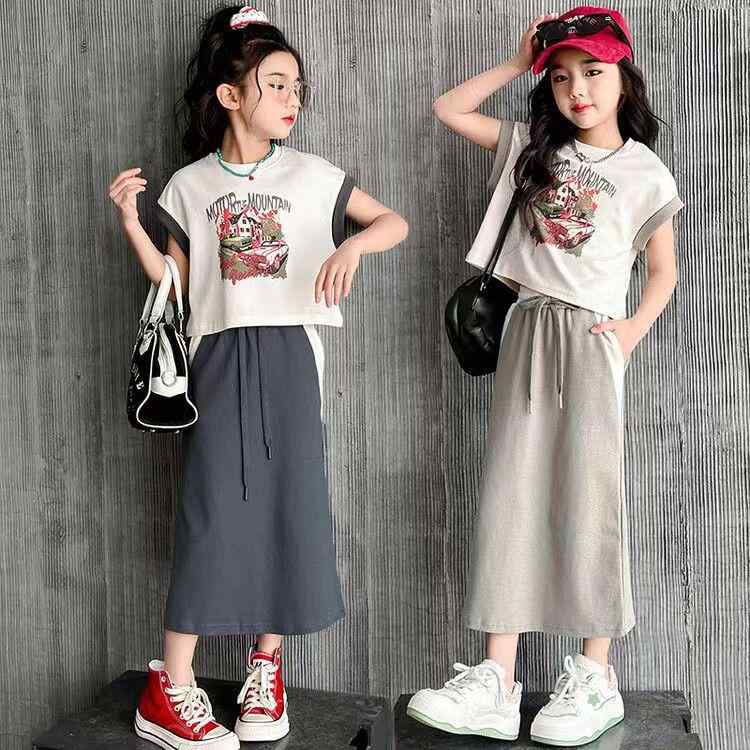 セットアップ キッズ おしゃれ 上下 子供服 女の子 夏 韓国 カジュアル 半袖 Tシャツ ミディ丈 スカート 大きめサイズ