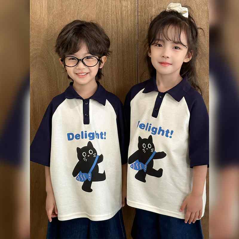 印花 - Tシャツ キッズ おしゃれ カジュアル 子供服 男の子 親子 半袖 POLO 夏 英字 猫プリント