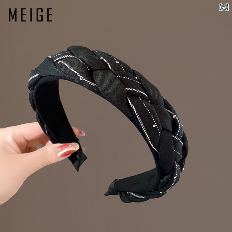 カチューシャ 大人 可愛い レディース 編み込み 幅広 高さアップ 秋冬 洗顔 前髪 ベーシック シンプル おしゃれ 抜け感 ブラック