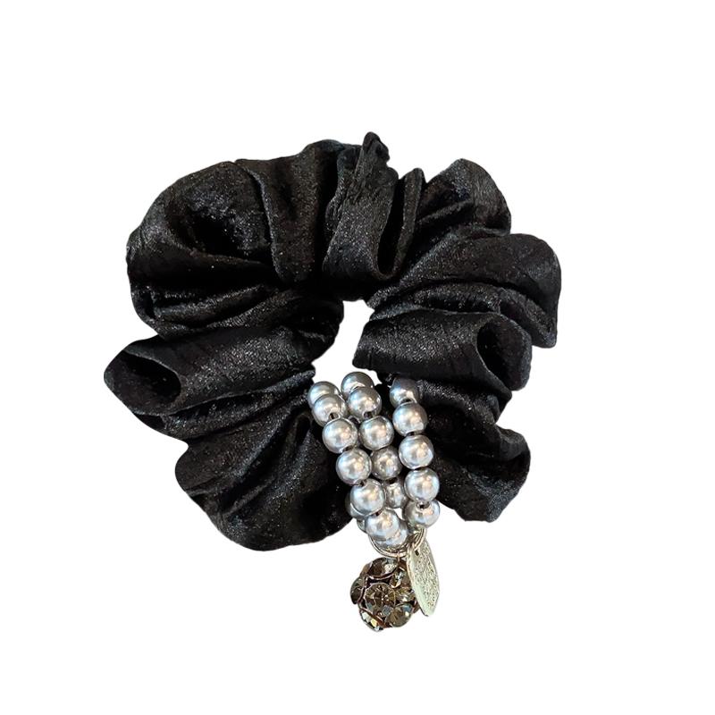 シュシュ 大人可愛い ヘアゴム ブラック 高弾力 布 パール きらきら ストーン フェミニン ヘアアクセサ..