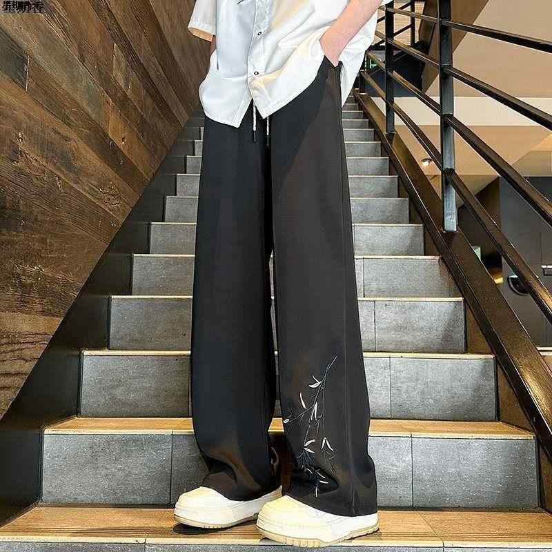 長ズボン キッズ おしゃれ ボトムス パンツ 女の子 大きいサイズ 夏 薄手 ワイド ストレート ドレープ 水墨柄 リボン ルーズ リラックス カジュアル クール