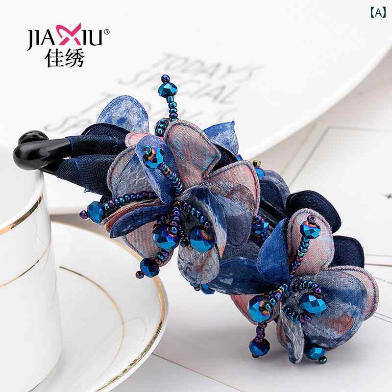 ヘアクリップ 大人 可愛い 韓国 バナナクリップ 滑り止め 布 花柄 水色 ピンク 水色ビーズ きらきら ヘ..