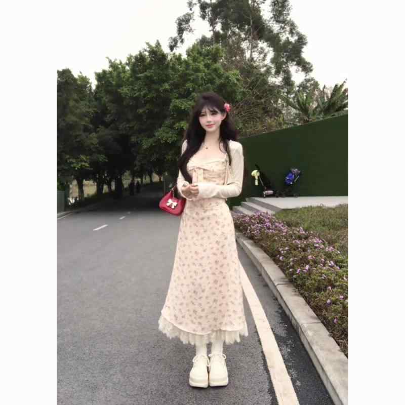 ワンピース レディース 花柄 リボン キャミソール レース切替 フェミニン 長袖カーディガン ロング丈 デート 春夏
