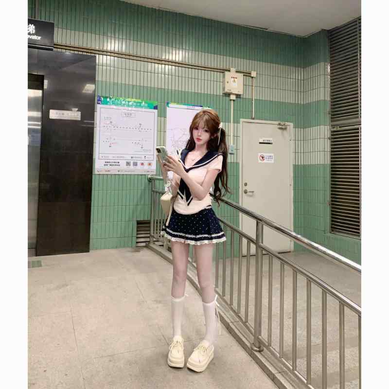 セットアップ レディース セーラー襟 半袖 トップス レースフリル 水玉 ドット プリーツスカート 学院風 フレンチ かわいい ガーリー 制服風