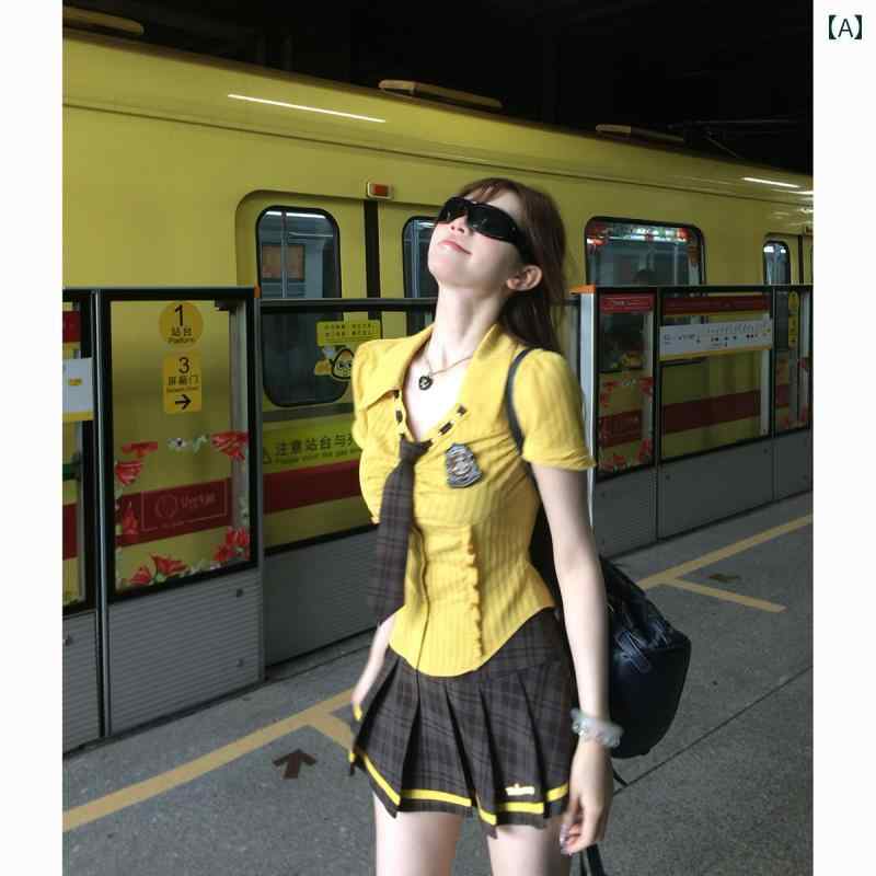 セットアップ レディース 夏 イエロー シャツ チェック柄 プリーツ スカート 学院風 甘め 細見え JK風