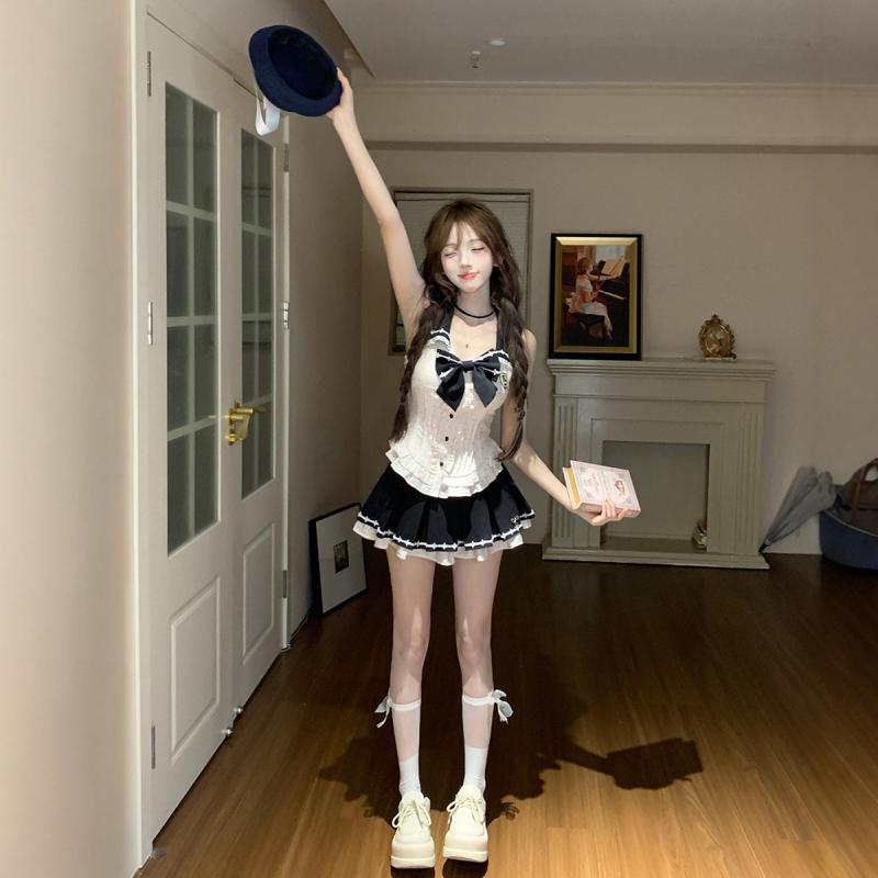 セットアップ レディース ノースリーブ トップス リボン ドット柄 フリル スカート プリーツ 二重 スウィート 学院風 ガーリー