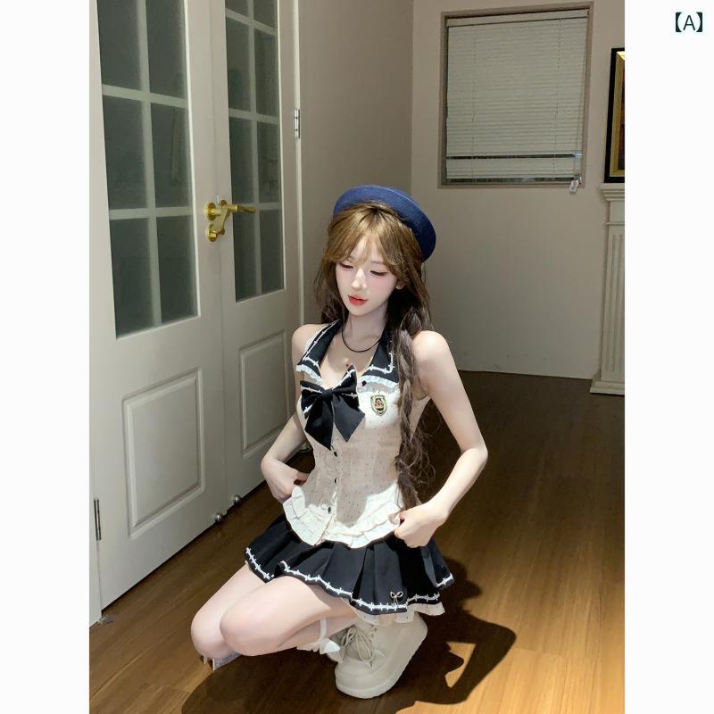 セットアップ レディース ノースリーブ トップス リボン ドット柄 フリル スカート プリーツ 二重 スウィート 学院風 ガーリー