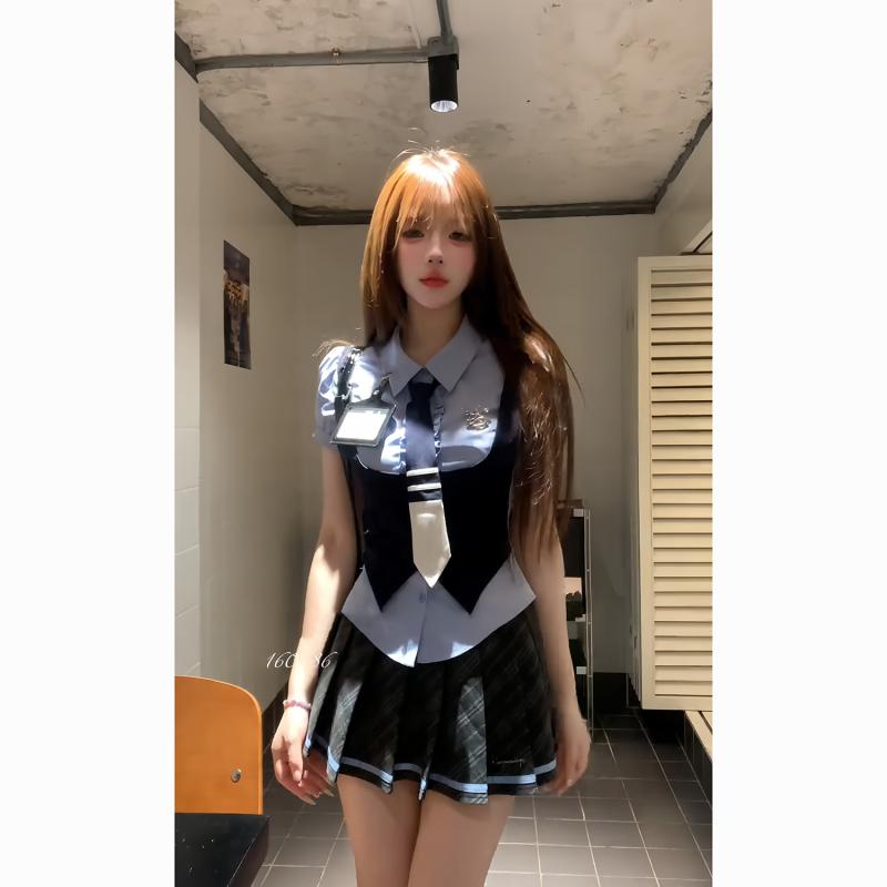 セットアップ レディース 夏 半袖 シャツ ベスト スカート プリーツ 学院風 アメリカン JK系 重ね着風 レトロ カジュアル ガーリー
