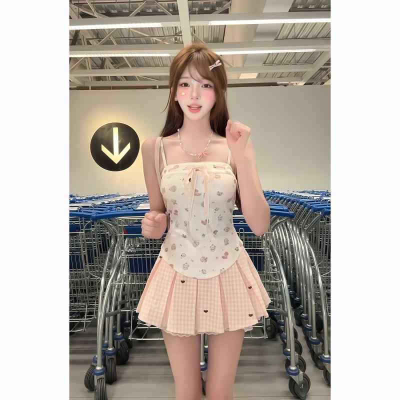 セットアップ レディース 夏 花柄 一字シルエット キャミソール ハート柄 プリーツ スカート 清楚 かわいい