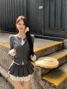スカート レディース グレー 白 配色 切り替え ダブルレイヤー フリル ティアード ミニ プリーツ Aライン スリム フレア 春