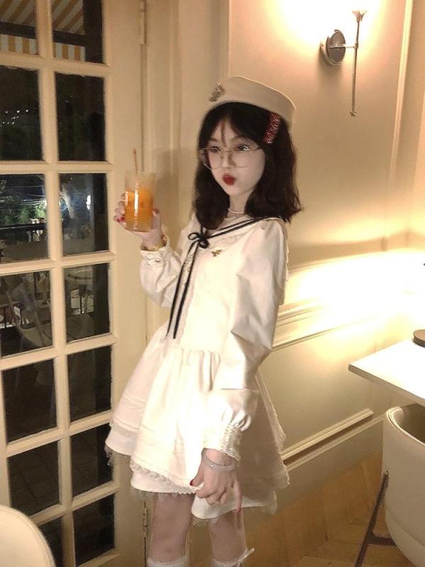 Three-Quarter - ワンピース レディース セーラー襟 長袖 フレアスカート 姫系 パフスリーブ ガーリー 可愛い フリル レース 学院風 デート 大人可愛い 春秋