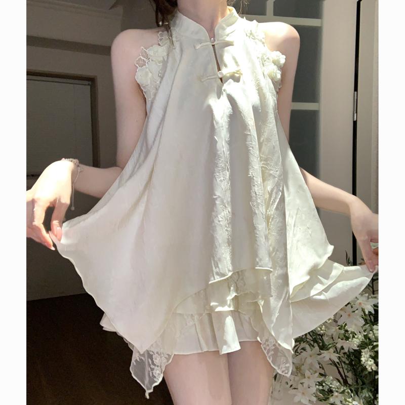 乐天商城 - セットアップ レディース ピンク ノースリーブ チャイナ風 チャイナボタン トップス スカート 夏 中国風 ヴィンテージ風 上品 かわいい シルエット おしゃれ