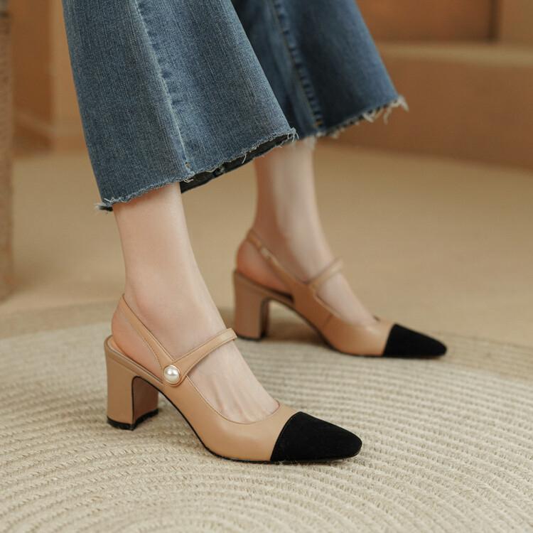 バックストラップ パンプス 夏 レディース シープスキン スクエアトゥ ハイヒール チャンキー 滑り止め 吸汗 オフィス クラシック おしゃれ バイカラー アイボリー アプリコット